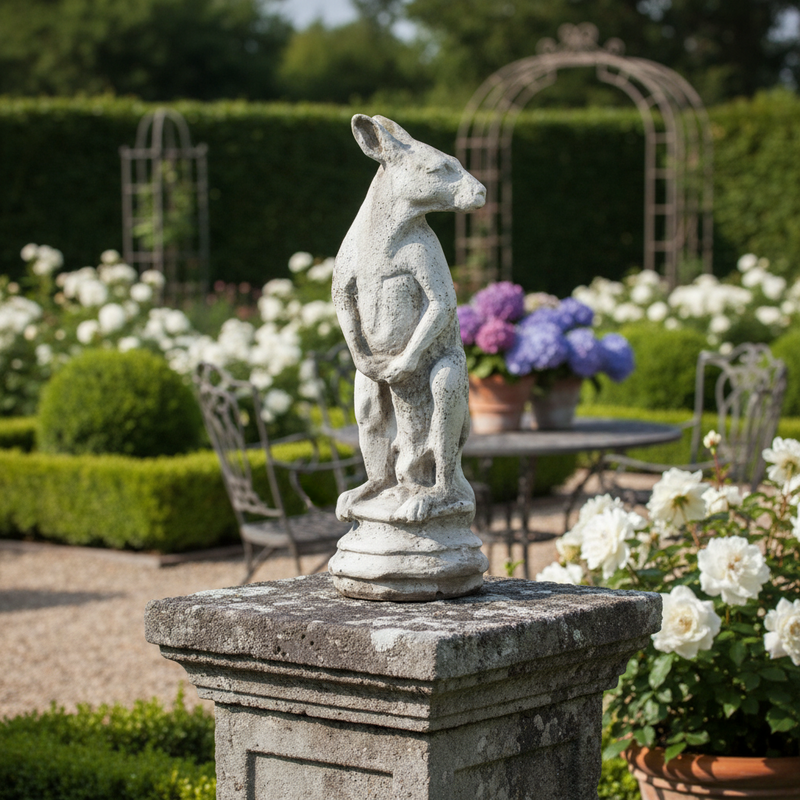 Kangaroo statue with classical old world European style, featuring ornate detailing and a weathered, antique finish. Side Angle
