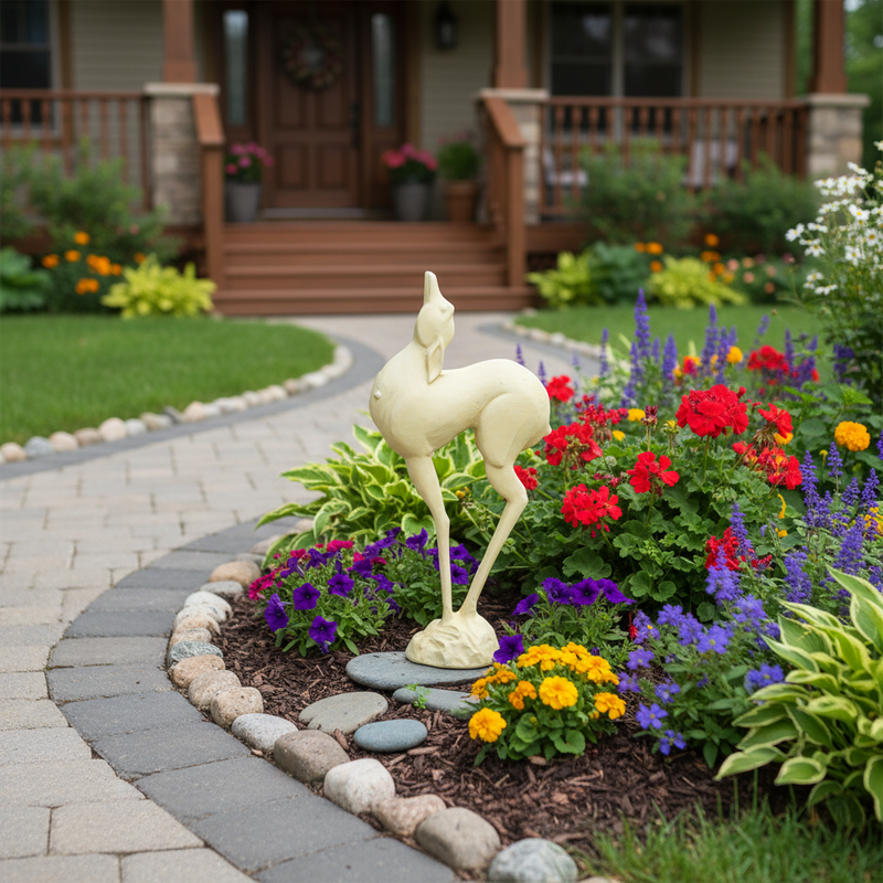 Graceful deer sculpture with elongated legs and neck, featuring an old world European, classical minimalist style. Side Angle