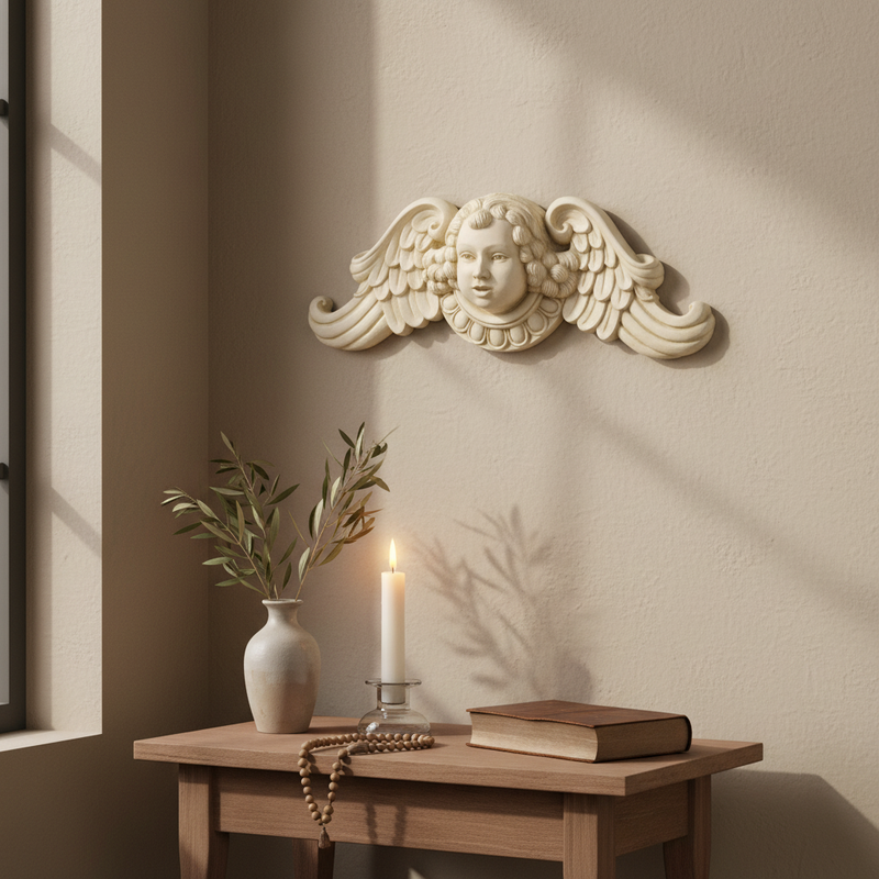 Classical Winged Cherub Head Wall Plaque Outdoor Statue (23 - Inch) Side Angle