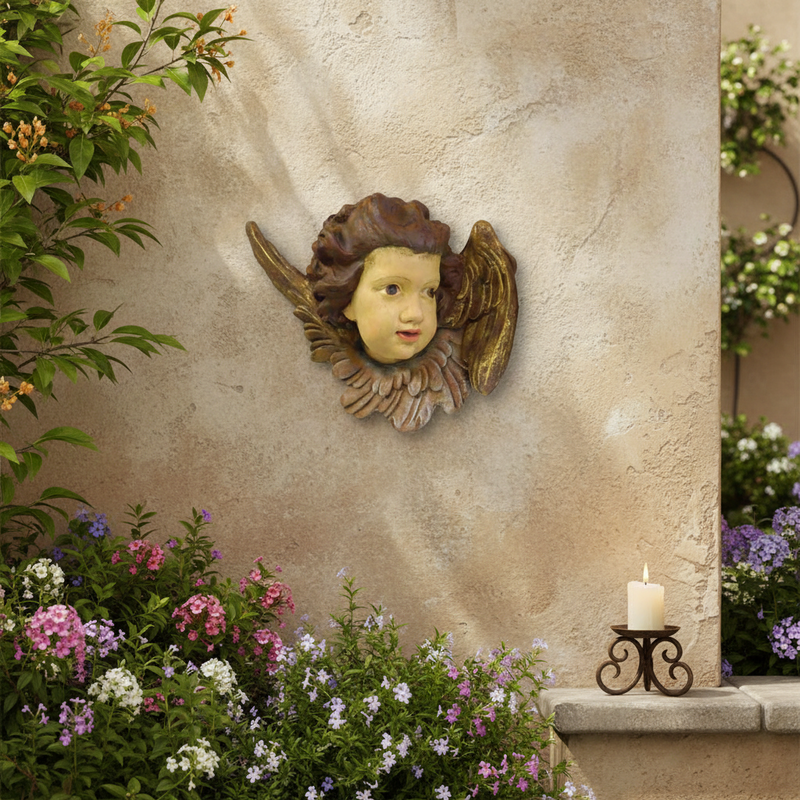 Cherub Face With Wings Outdoor Statue (12 - Inch) Side Angle