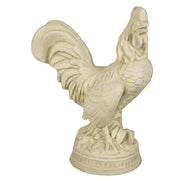 Rooster statue with ornate feathers and classical old world European detailing on a round pedestal base.