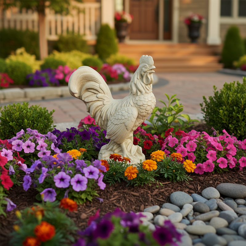 Rooster statue with ornate feathers and classical old world European detailing on a round pedestal base. Side Angle
