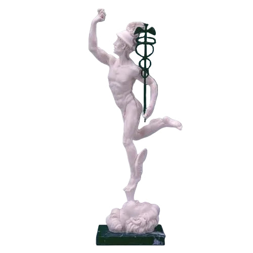 Classical Greek-style statue of Hermes in dynamic pose, ornate details, winged helmet, and caduceus staff, standing on a pedestal.