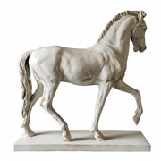 Classical European horse statue with ornate detailing, Renaissance-inspired pose, and elegant, lifelike musculature on a rectangular base.