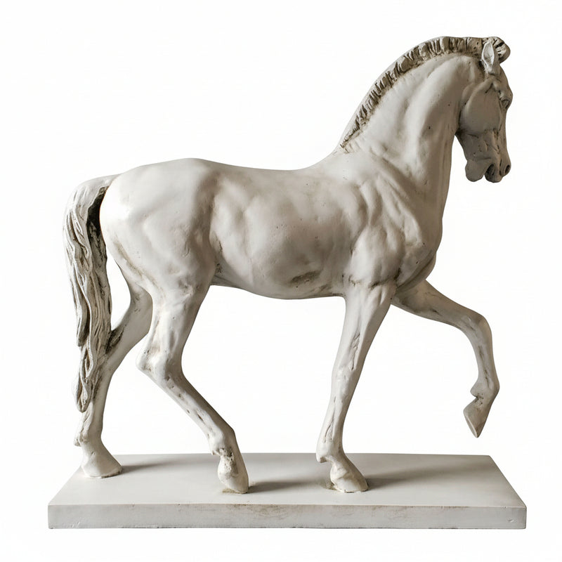 Classical European horse statue with ornate detailing, Renaissance-inspired pose, and elegant, lifelike musculature on a rectangular base.