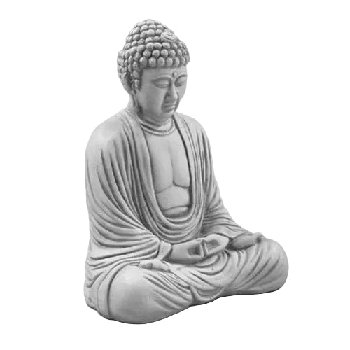 Seated Buddha statue in classical meditative pose with ornate draped robes and serene facial expression, inspired by old world Asian art.