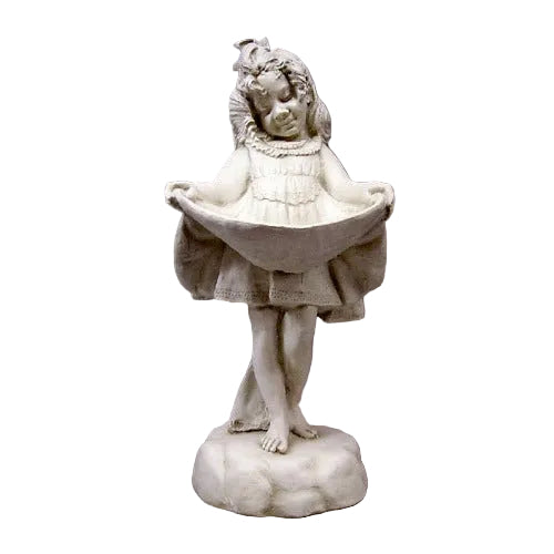 Baroque-style statue of a young girl holding her dress, standing barefoot on a textured base with ornate detailing.