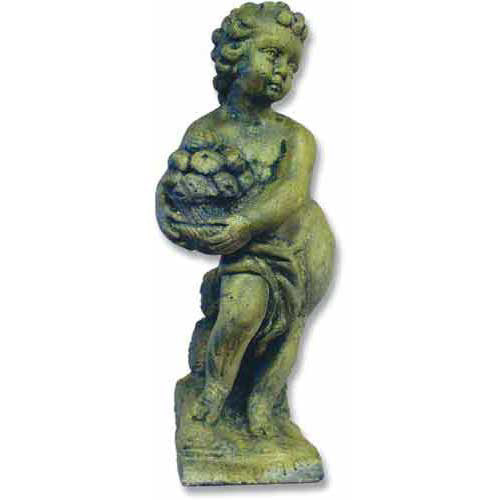 Standing cherub statue holding a basket of fruit.
