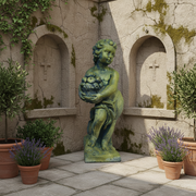 Cherub Holding Fruit Outdoor Statue (24 - Inch) Side Angle