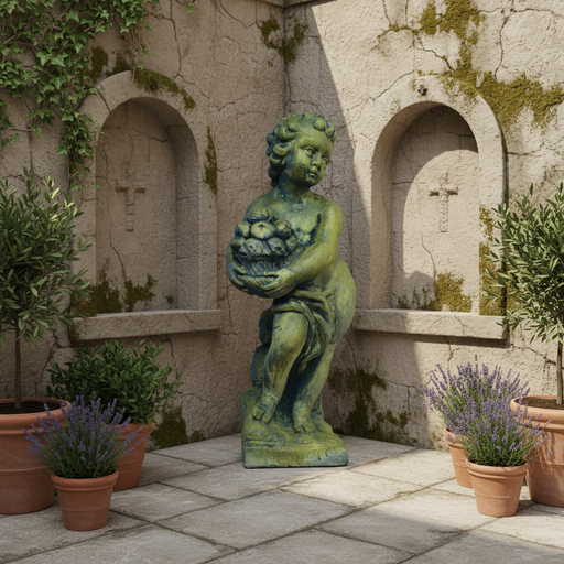 Cherub Holding Fruit Outdoor Statue (24 - Inch) Side Angle