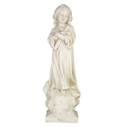 Child angel statue in classical old world European style, standing on clouds with folded arms and serene expression.