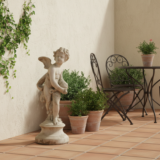 Standing Cherub Holding A Shell On A Round Base. Outdoor Statue (24 - Inch) Side Angle