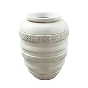 Ornate old world European vase with classical rounded form and intricate Renaissance-inspired banded detailing.