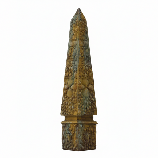 Obelisk sculpture with ornate, old world European detailing and textured Baroque-inspired surface, featuring classical geometric form.