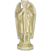 Angel statue holding a tall candlestick, featuring flowing robes and large wings in an ornate, old world European classical style.