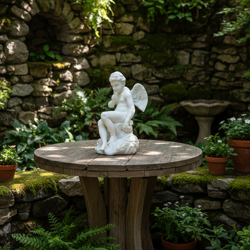 Cherub statue in classical Renaissance style, seated with finger to lips, detailed wings, and ornate old world European design. Side Angle