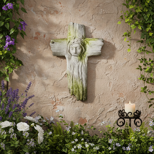 Weathered Gothic cross with carved relief of Christ’s face, featuring ornate old world European detailing and medieval styling. Side Angle