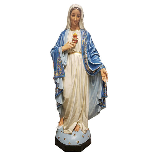 Sacred Heart of Mary statue in classical old world European style, ornate blue and white robes, serene expression, Renaissance detailing