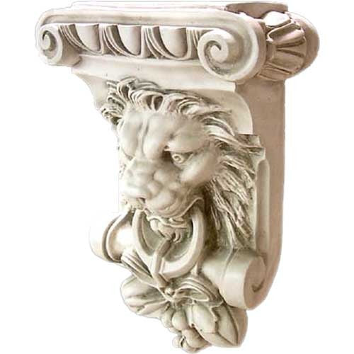 Ornate classical wall corbel featuring a detailed lion head motif with scrollwork and old world European Baroque accents.
