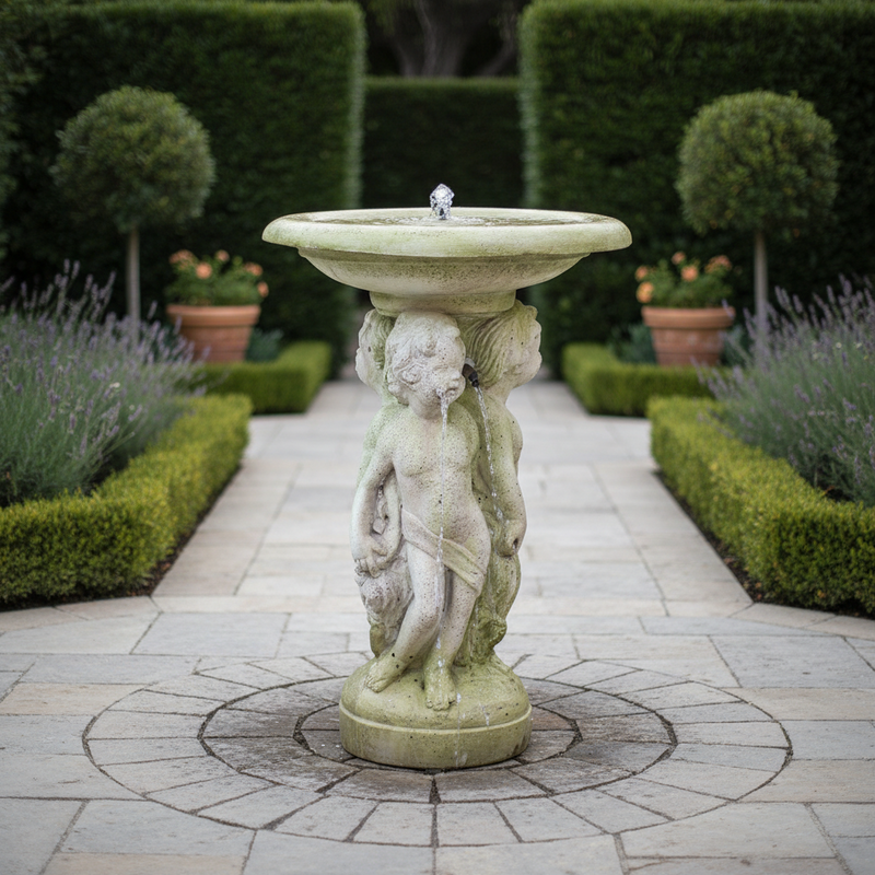 Three Cherubs Garden Fountain with Bowl (29 - Inch) Side Angle