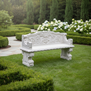 Ornate bench with classical old world European design, featuring intricate Baroque scrollwork and Renaissance-inspired carvings. Side Angle