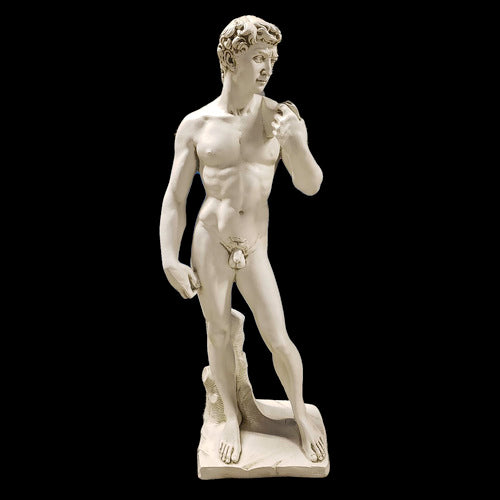 Classical Renaissance male statue with detailed anatomy, curly hair, and contrapposto stance on a rectangular base. Other Angle
