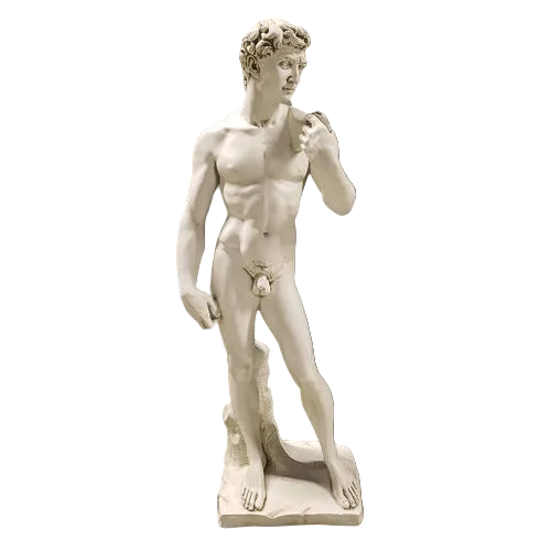Classical Renaissance male statue with detailed anatomy, curly hair, and contrapposto stance on a rectangular base.
