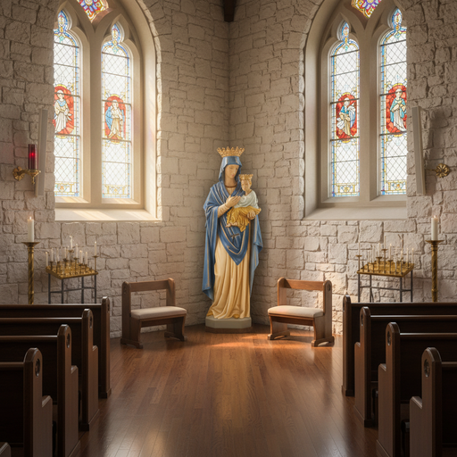 Madonna and Child statue in old world European style, featuring ornate crowns and classical draped robes with Renaissance influence. Side Angle
