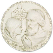 St. Patrick in classical relief style holding a shamrock, with a young girl and Celtic cross, ornate old world European design.