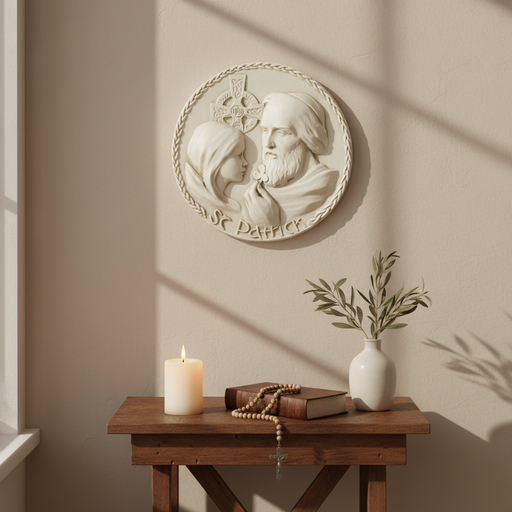 St. Patrick in classical relief style holding a shamrock, with a young girl and Celtic cross, ornate old world European design. Side Angle