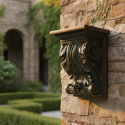 Ornate old world European corbel with classical acanthus leaf detailing and Baroque scrollwork, featuring intricate carved accents. Side Angle