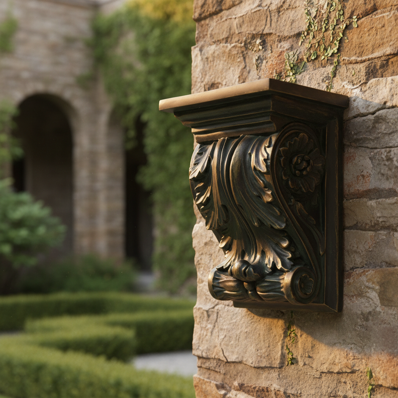 Ornate old world European corbel with classical acanthus leaf detailing and Baroque scrollwork, featuring intricate carved accents. Side Angle