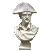 Classical European bust of a stern-faced man in a tricorn hat, featuring ornate detailing and old world sculptural style