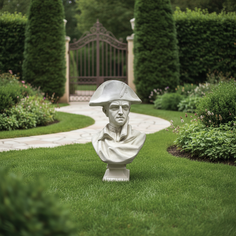 Classical European bust of a stern-faced man in a tricorn hat, featuring ornate detailing and old world sculptural style Side Angle