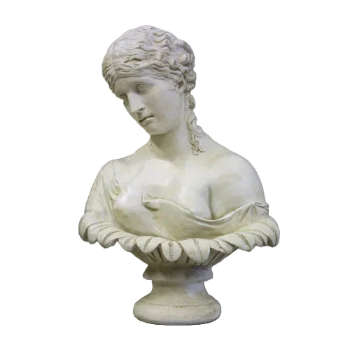 Classical European bust of a woman with intricate hair and draped garment, featuring ornate Renaissance-inspired detailing.