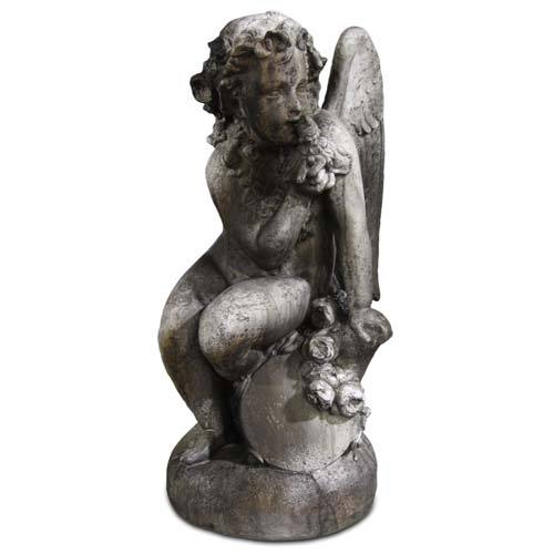 Sitting Winged Cherub With Doll Outdoor Statue (34-Inch)