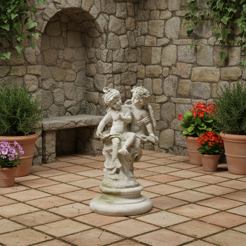 Winged Cherubs Playing Outdoor Statue (16 - Inch) Side Angle
