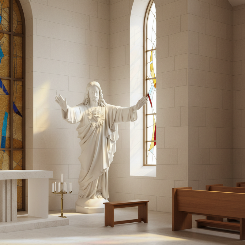 Jesus statue with outstretched arms, classical Renaissance style, ornate detailing, flowing robes, sacred heart motif on chest. Side Angle