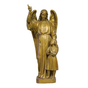  standing angel statue with one hand raised and the other resting on a child, on a rectangular base