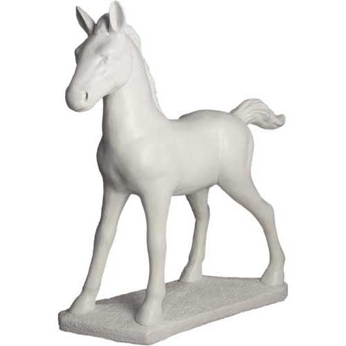 Standing horse statue with classical European style, detailed mane and tail, poised on a rectangular base with subtle ornate accents.