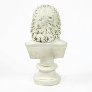 Classical European bust with ornate, curly hair in old world style, displayed on a pedestal with Renaissance-inspired detailing.
