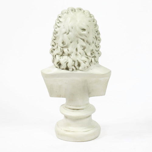 Classical European bust with ornate, curly hair in old world style, displayed on a pedestal with Renaissance-inspired detailing.