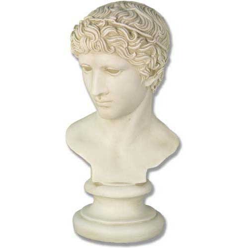 Classical Greek-style bust with intricate curly hair and serene facial expression on a rounded pedestal base.