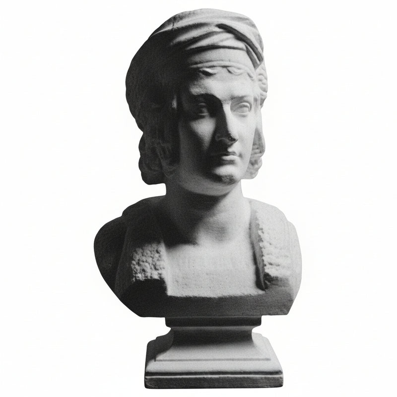 Classical Renaissance bust sculpture with ornate detailing, draped headpiece, and strong facial features on a square pedestal base.