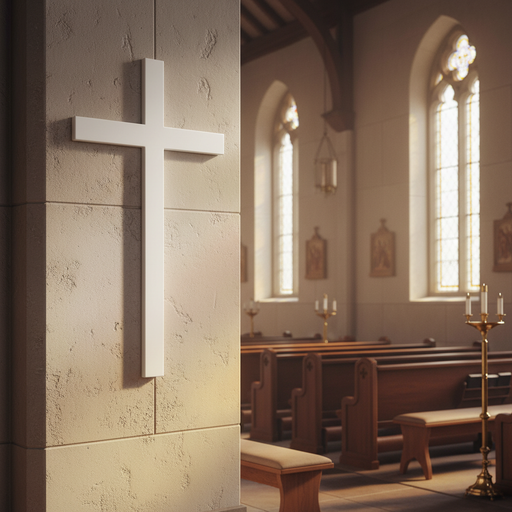 Cross with elongated arms in a simple, classical style, evoking old world European and medieval architectural themes. Side Angle