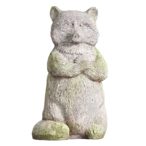 Cat statue with folded paws, featuring ornate old world European detailing and a slightly weathered, classical appearance.
