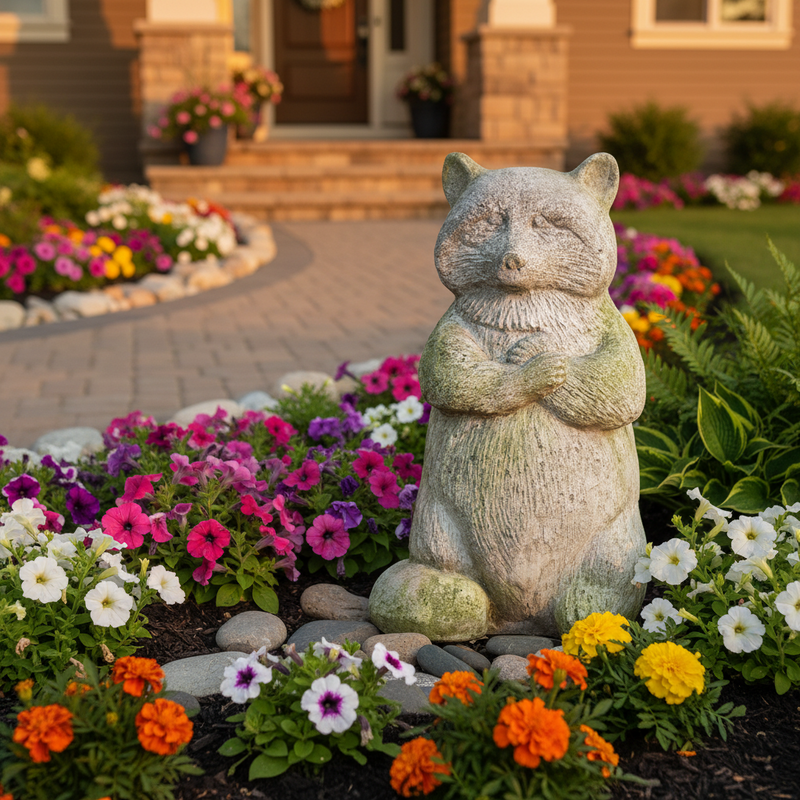Cat statue with folded paws, featuring ornate old world European detailing and a slightly weathered, classical appearance. Side Angle