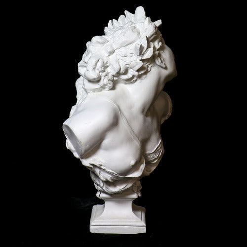 Bust of a smiling woman with laurel wreath, draped garment, and ornate detailing in classical Baroque style. Different Angle
