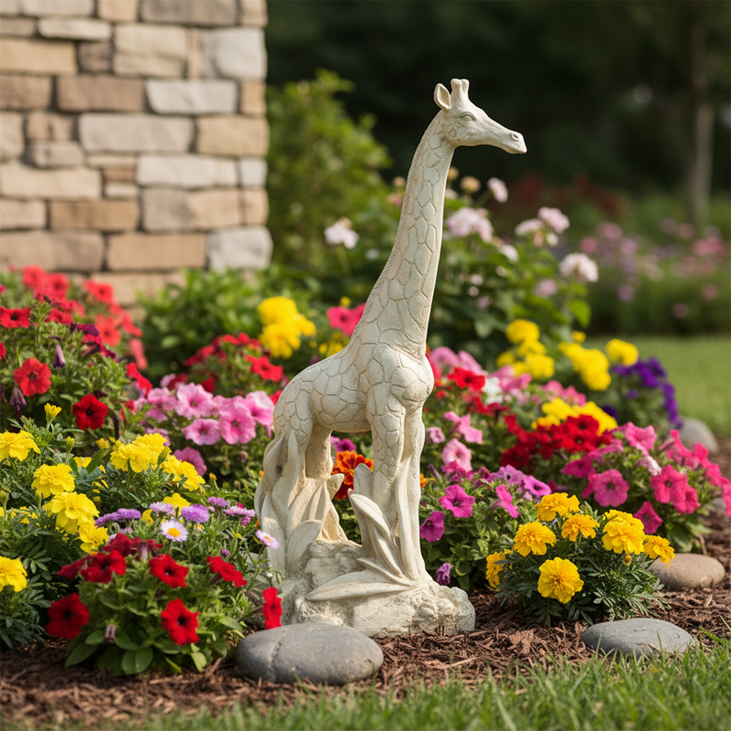 Giraffe statue with ornate detailing and classical old world European style, standing on a textured base with sculpted foliage. Side Angle