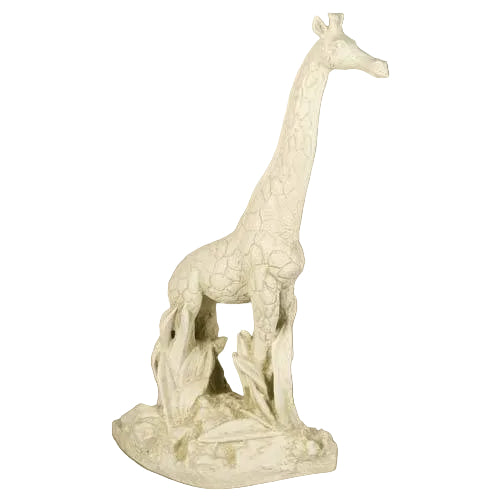 Giraffe statue with ornate detailing and classical old world European style, standing on a textured base with sculpted foliage.
